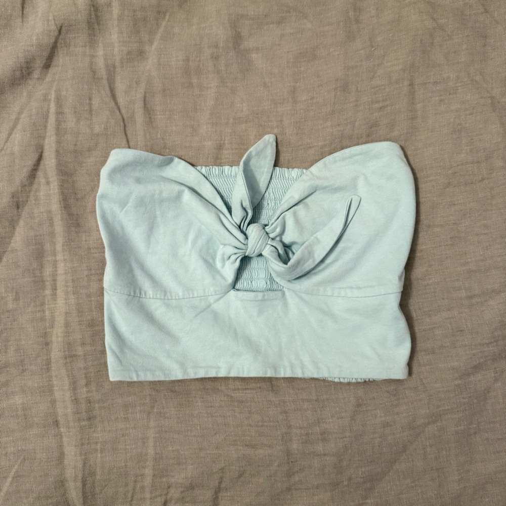 Aritzia Wilfred blue tie front strapless top